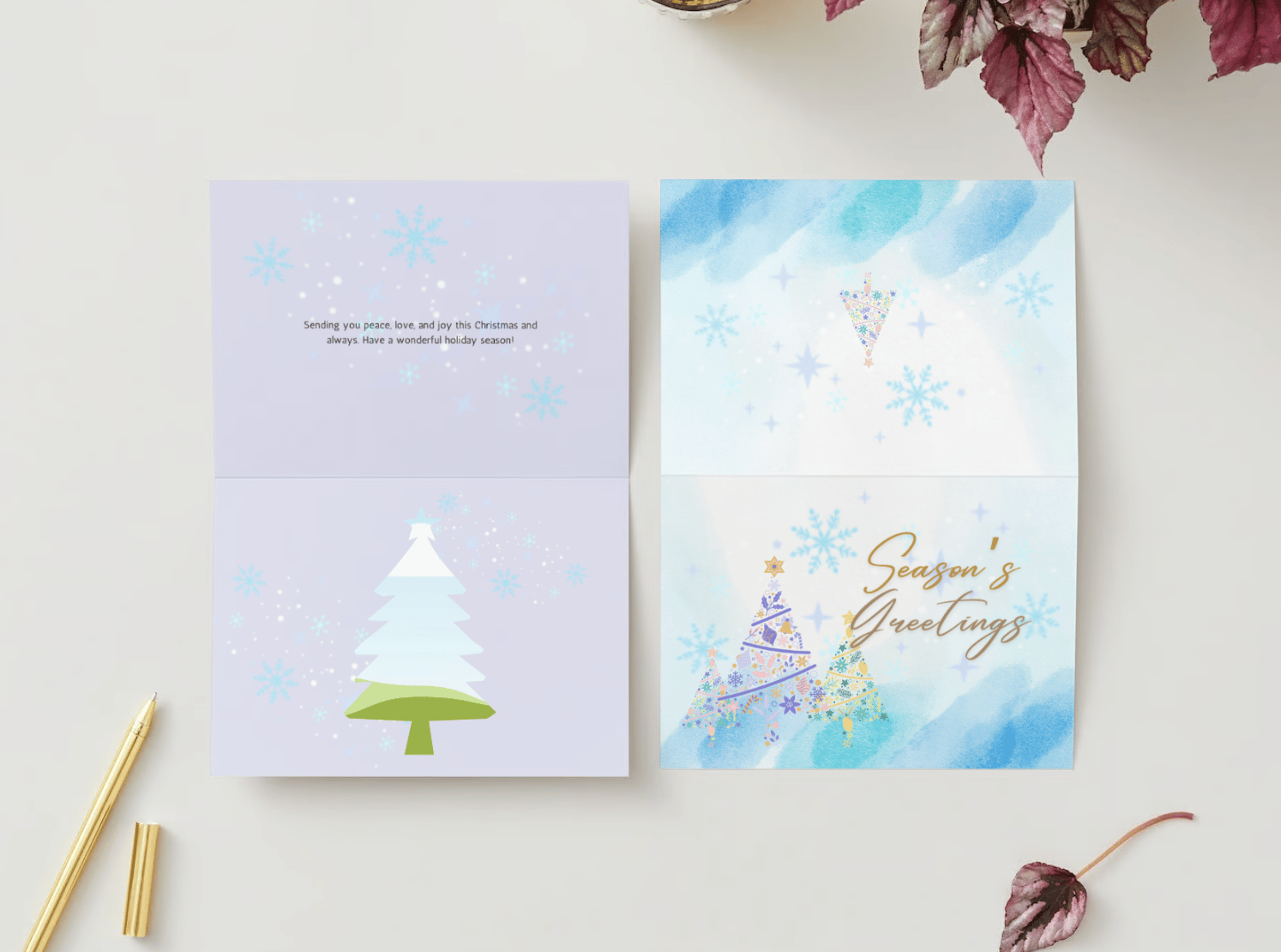 Customizable Pastel Christmas Trees Watercolor Folded Card Landscape | Digital Canva Template. Mock card outside and inside views