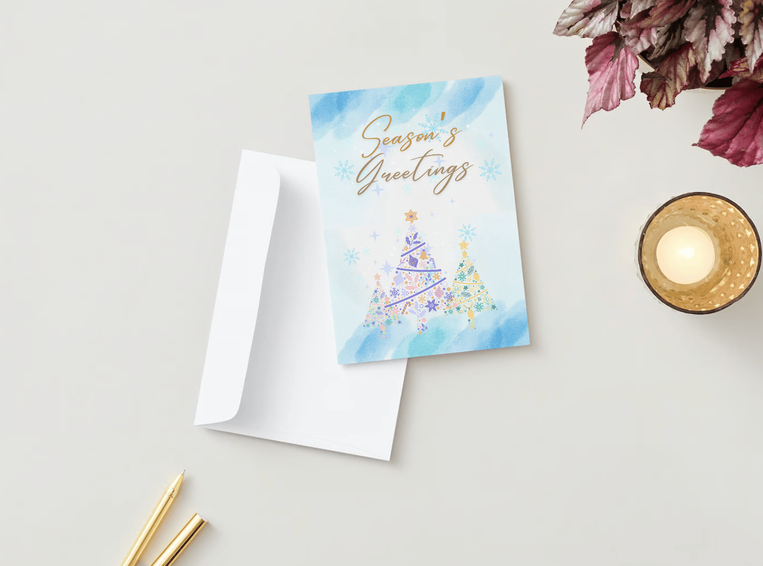 Customizable Pastel Christmas Trees Watercolor Folded Card Portrait | Digital Canva Template. Mock front outside view with envelope