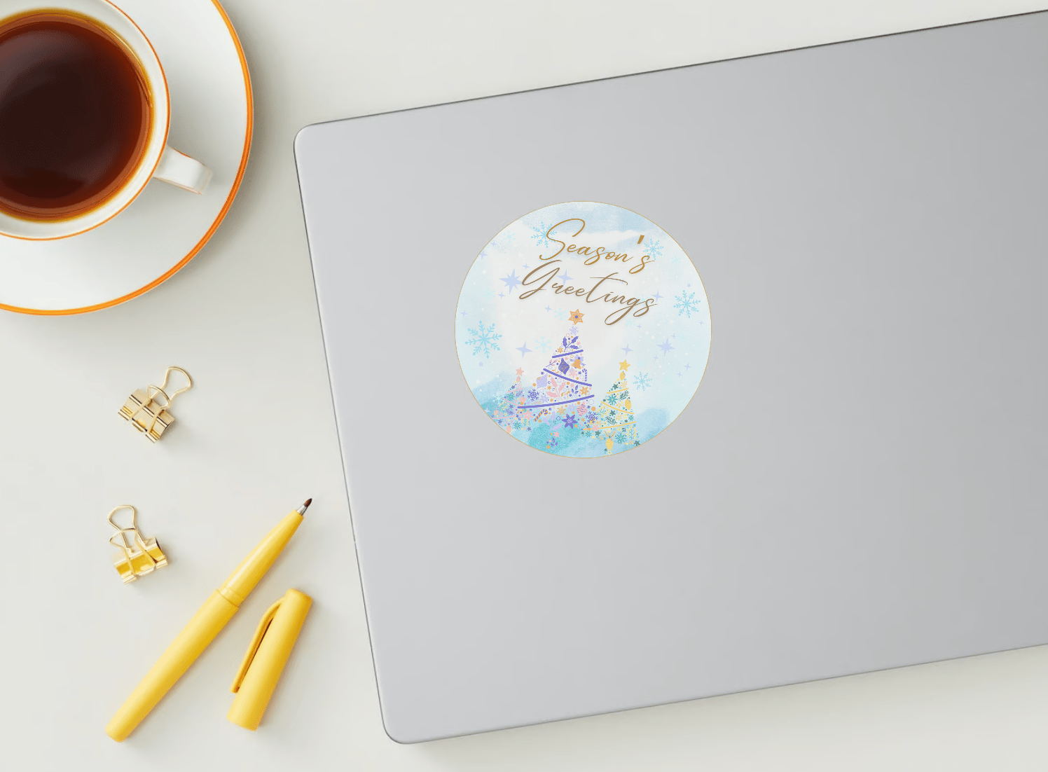 Customizable Pastel Christmas Trees Watercolor Circle Sticker | Digital Canva Template. Mock sticker on laptop