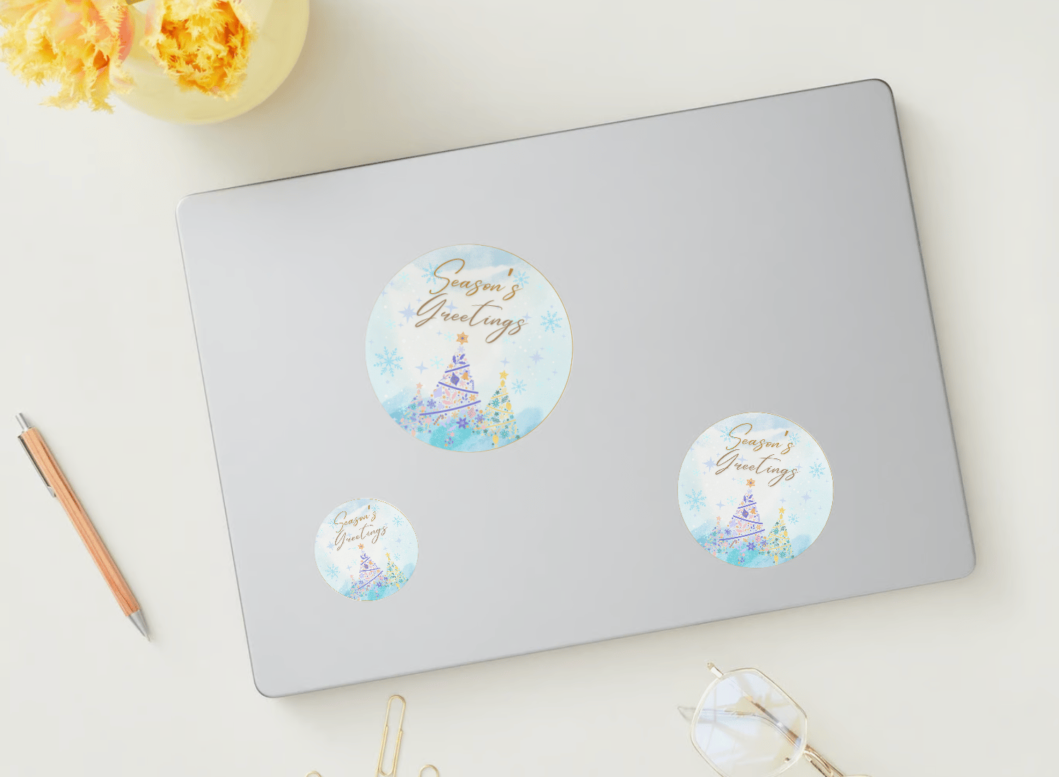 Customizable Pastel Christmas Trees Watercolor Circle Sticker | Digital Canva Template. Mock stickers in various sizes