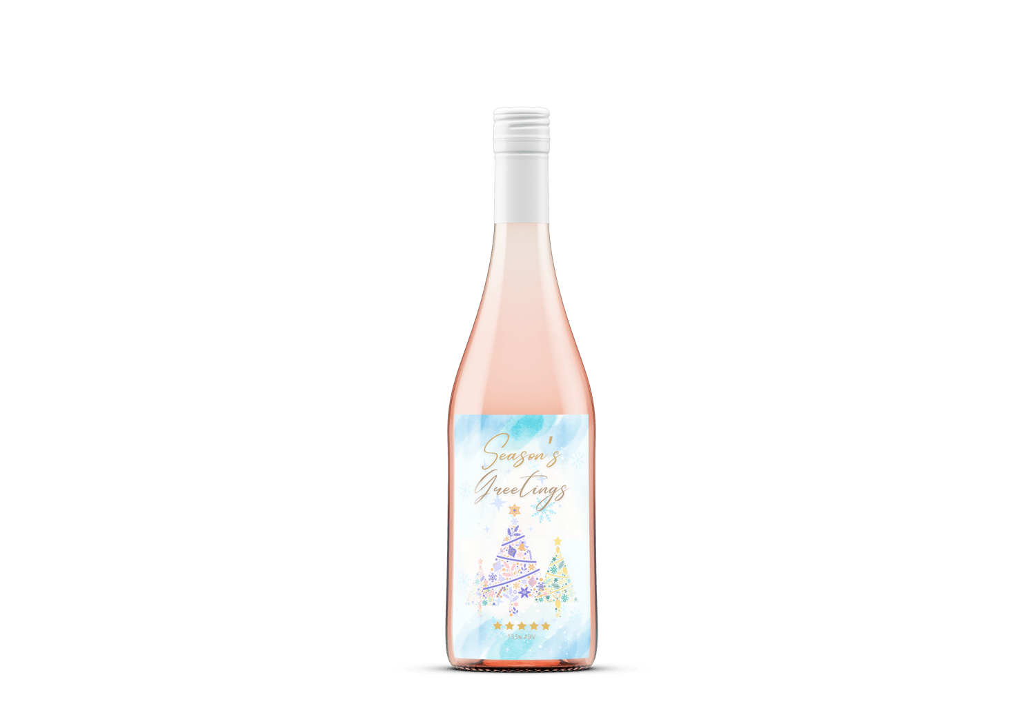Customizable Pastel Christmas Trees Watercolor Sticker Label 4"x6" | Digital Canva Template. Mock sticker on rose wine bottle