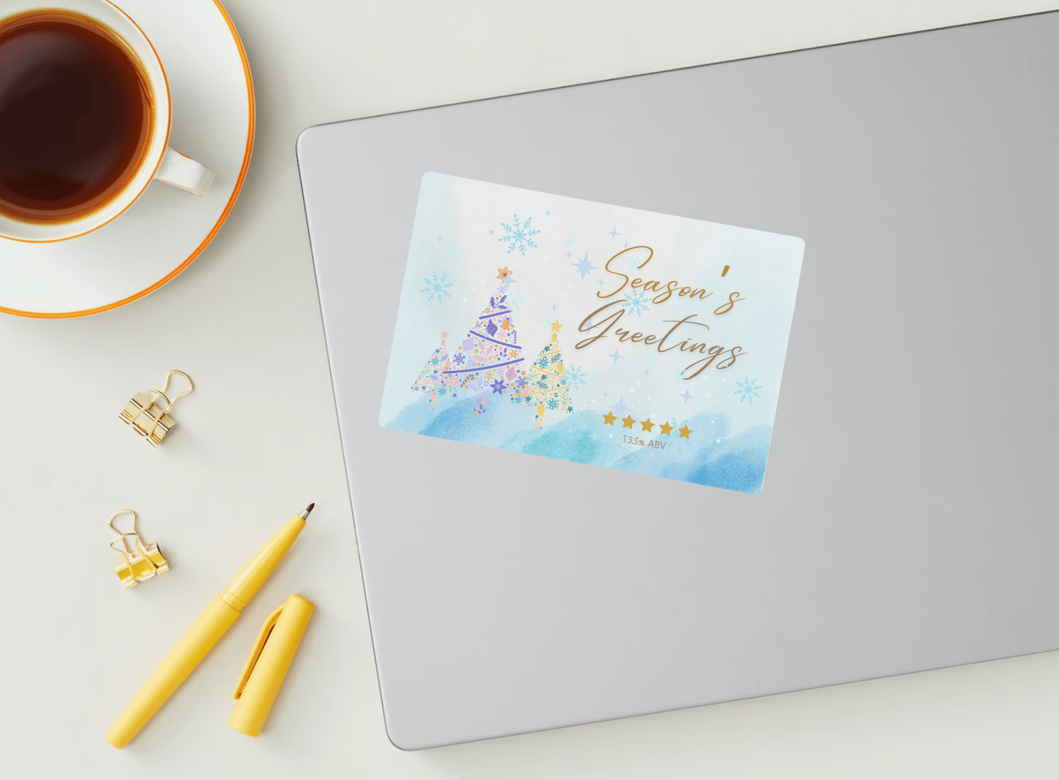 Customizable Pastel Christmas Trees Watercolor Sticker Label 6"x4" | Digital Canva Template. Mock sticker on laptop