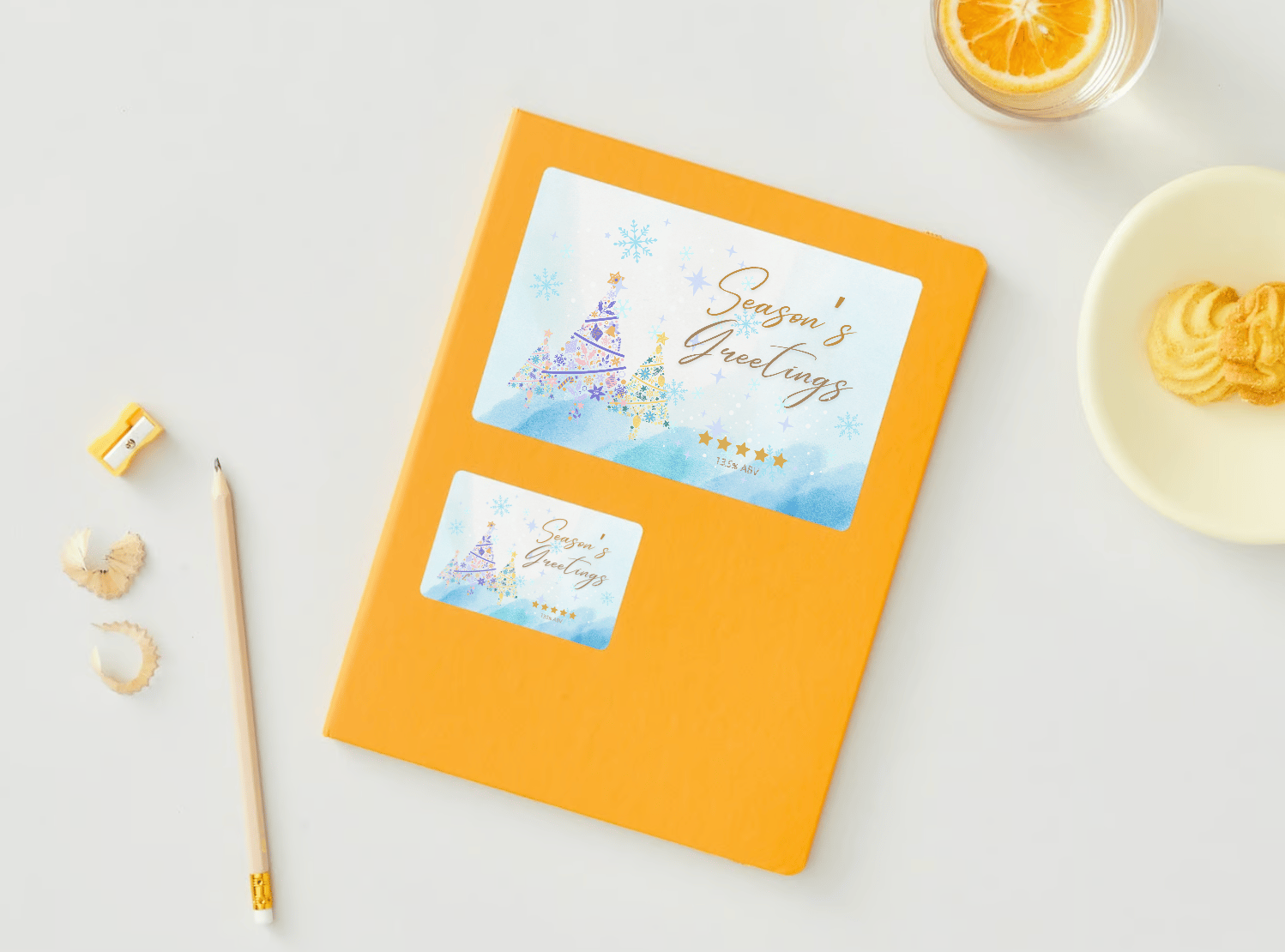 Customizable Pastel Christmas Trees Watercolor Sticker Label 6"x4" | Digital Canva Template. Mock stickers in various sizes on envelope