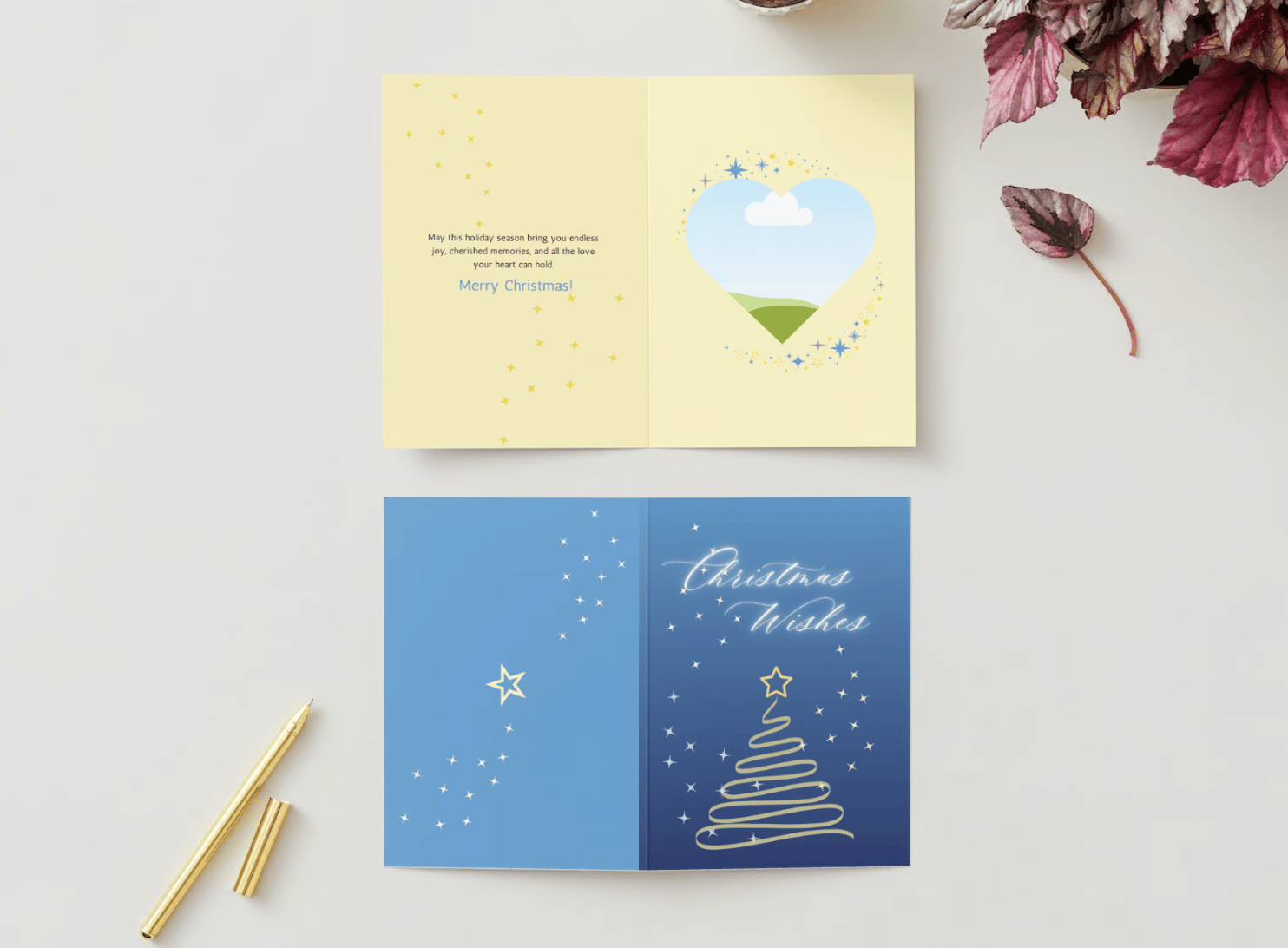 Minimalist Christmas Wishes Canva Template Bundle | 6 Customizable Designs | Holiday Season Digital Download. Mock card portrait outside and inside views