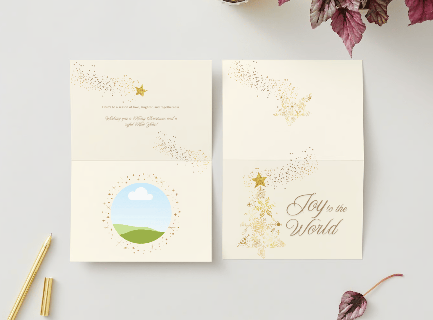 Golden Snowflake Christmas Tree Canva Template Bundle | 6 Customizable Designs | Holiday Season Digital Download. Mock card landscape outside and inside views