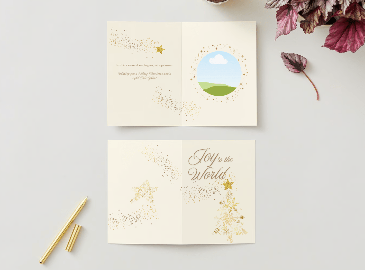 Golden Snowflake Christmas Tree Canva Template Bundle | 6 Customizable Designs | Holiday Season Digital Download. Mock card portrait outside and inside views