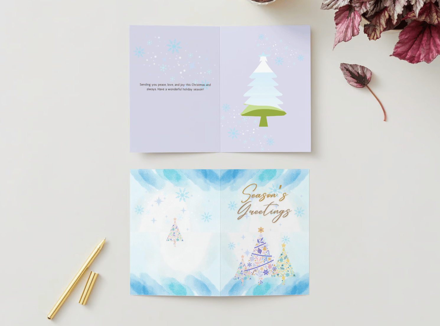 Pastel Christmas Trees Canva Template Bundle | 6 Customizable Designs | Holiday Season Digital Download. Mock card portrait outside and inside views