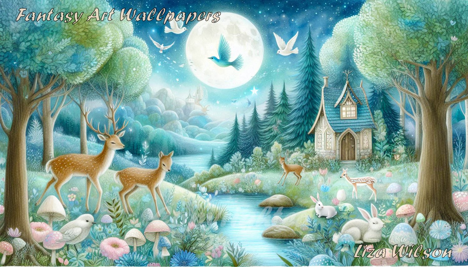 beautiful enchanted moonlit forest, enchanted, forest, trees, wildlife, deer, rabbits, doves, a cosy cottage, river