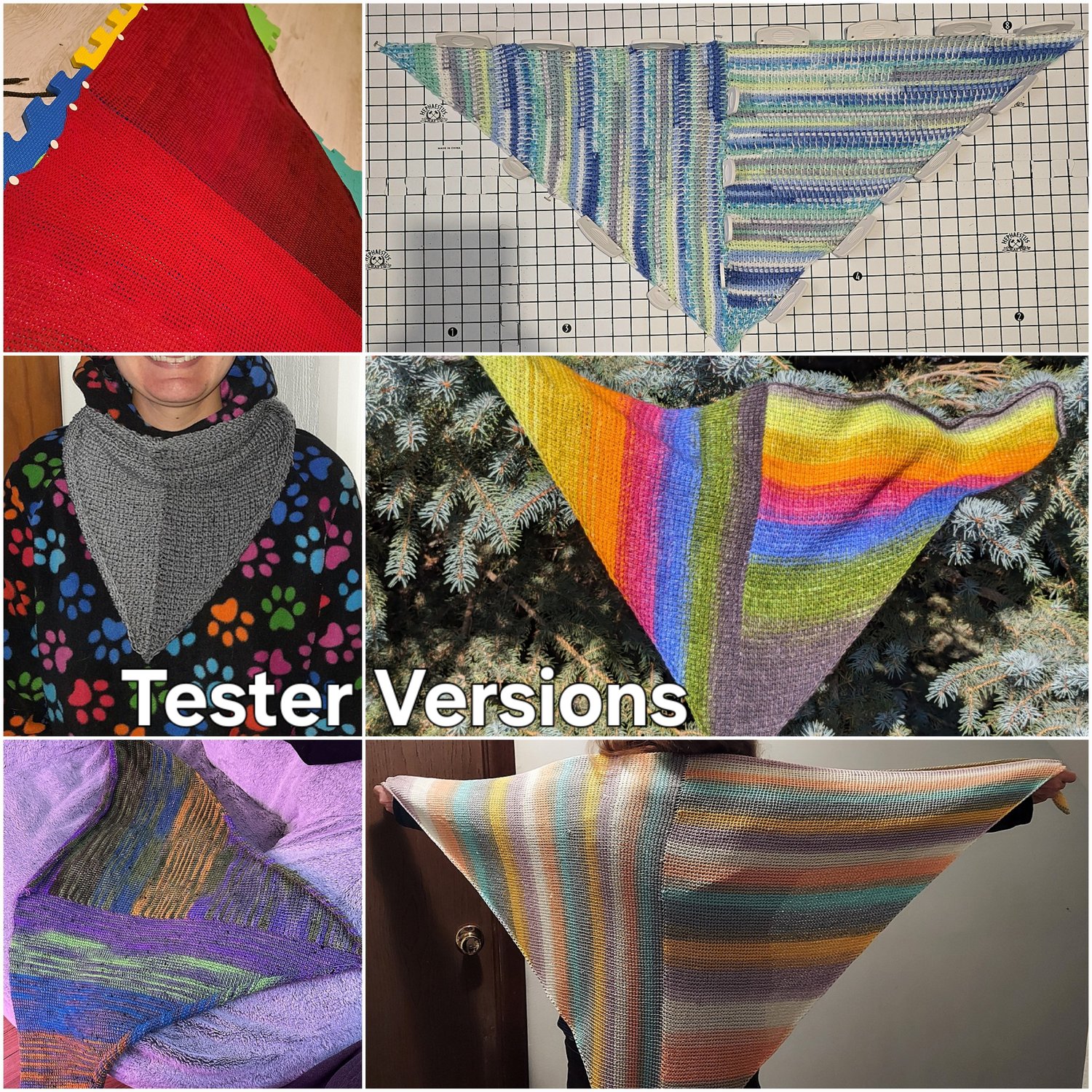 A collage of six images of the Deel shawl, a Tunisian crocheted symmetrical triangular shawl. Each version shows vertical and horizontal striping in different colors and sequences.
