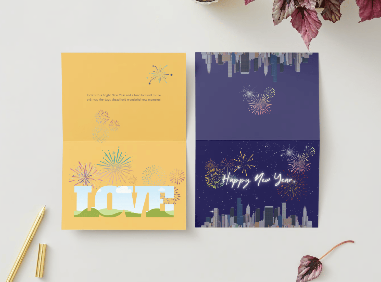 Customizable City Skyline Fireworks Folded Card Landscape | Digital Canva Template. Mock card outside and inside views