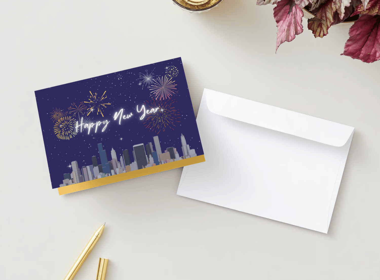 Customizable City Skyline Fireworks Folded Card Landscape | Digital Canva Template. Mock card outside front view with envelope