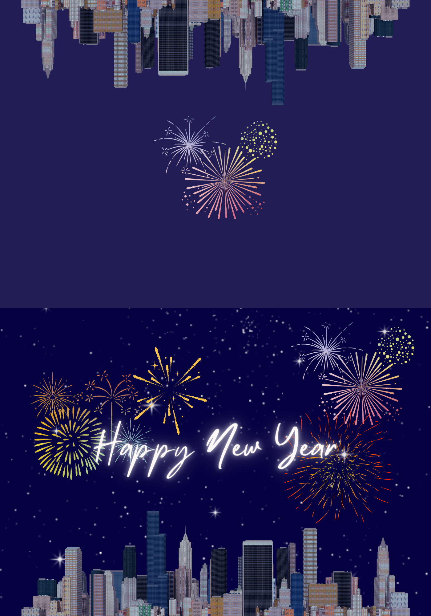 Customizable City Skyline Fireworks Folded Card Landscape | Digital Canva Template. Outside design