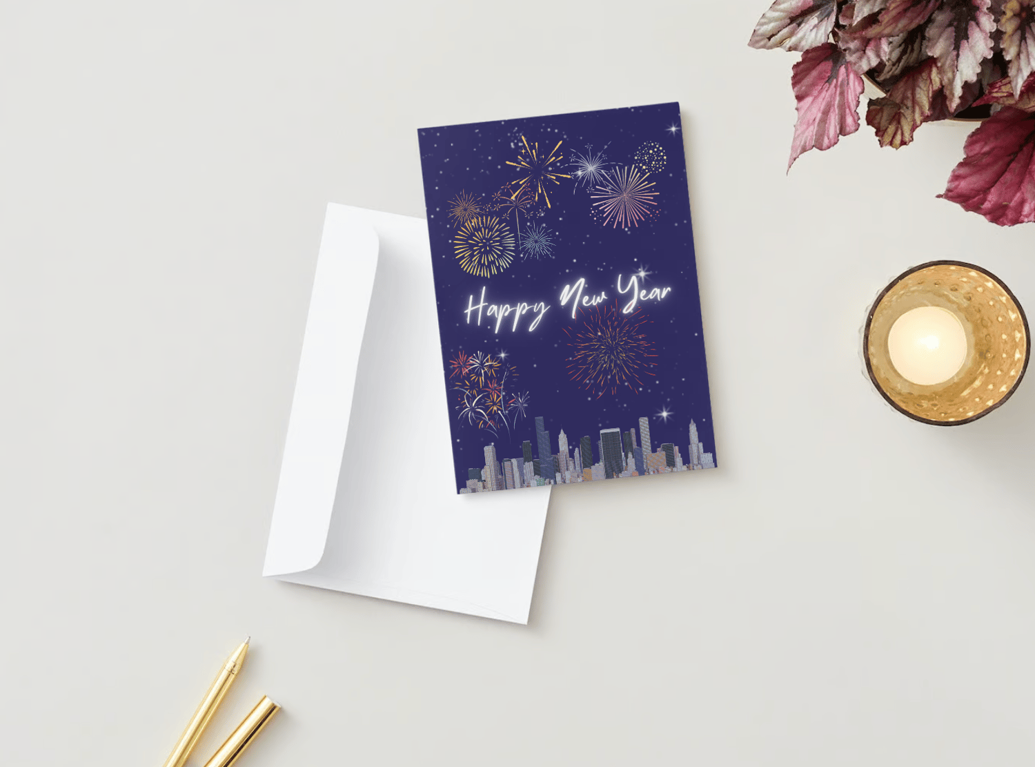 Customizable City Skyline Fireworks Folded Card Portrait | Digital Canva Template. Mock card outside front view with envelope