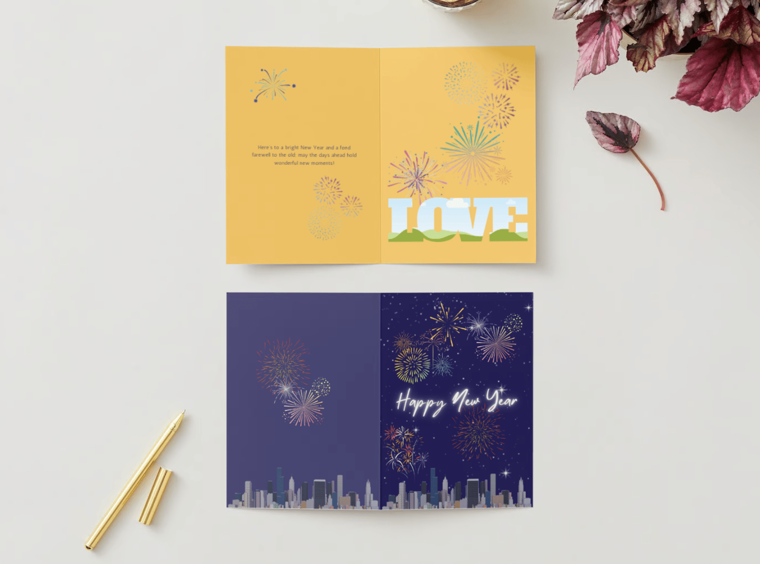 Customizable City Skyline Fireworks Folded Card Portrait | Digital Canva Template. Mock card outside and inside views