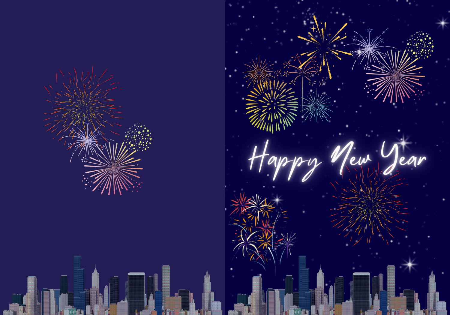 Customizable City Skyline Fireworks Folded Card Portrait | Digital Canva Template. Outside design