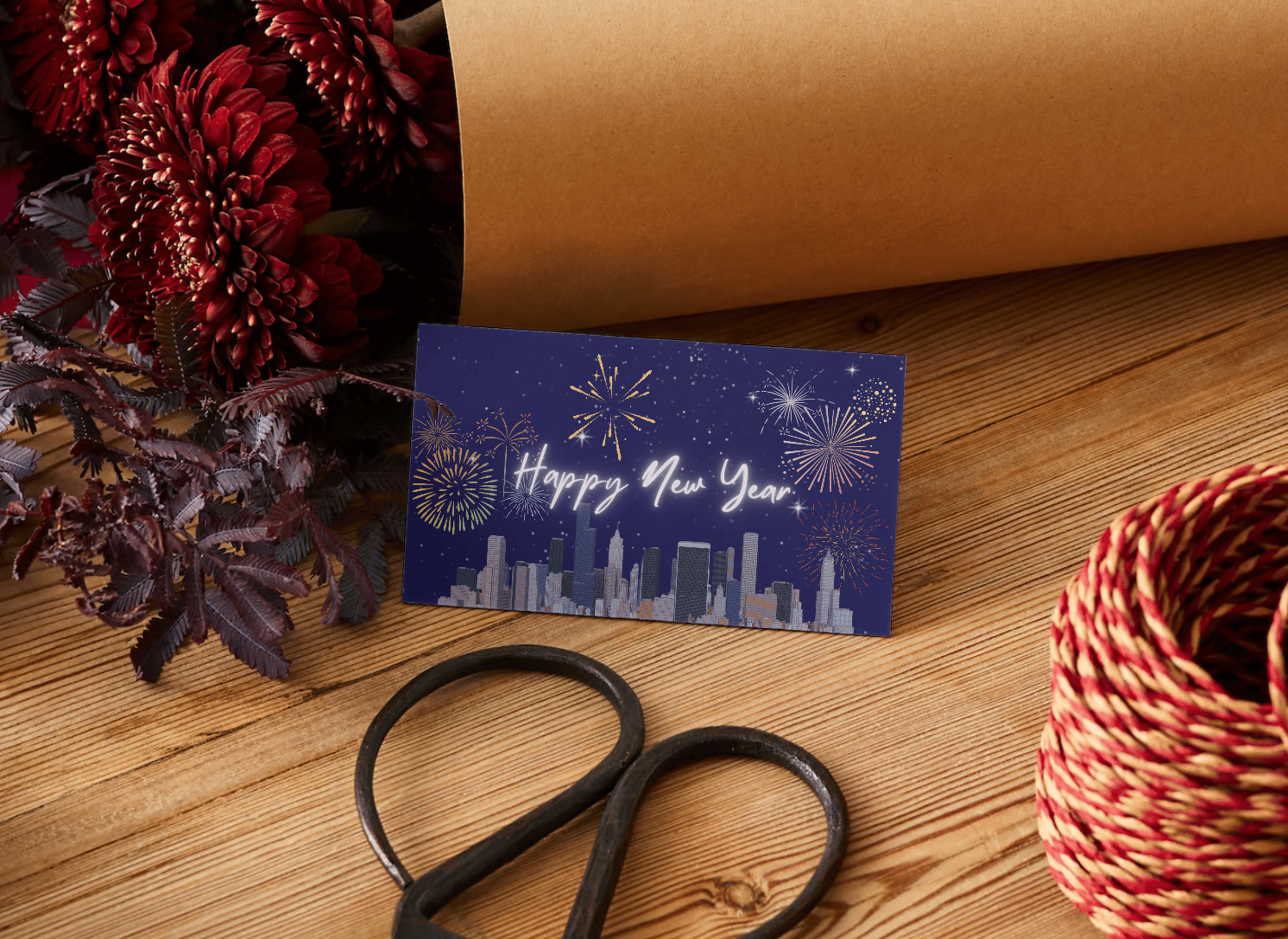Customizable City Skyline Fireworks Gift/Favor Tag| Digital Canva Template. Mock card front view