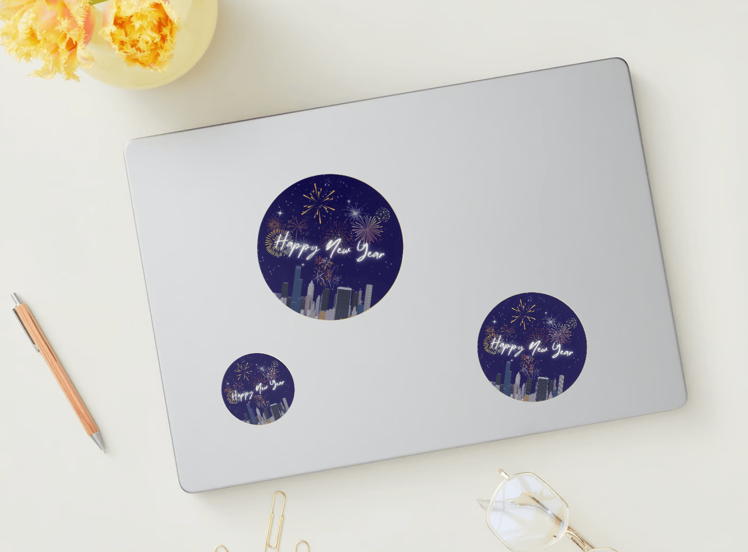 Customizable City Skyline Fireworks Circle Sticker | Digital Canva Template. Mock Stickers in various sizes
