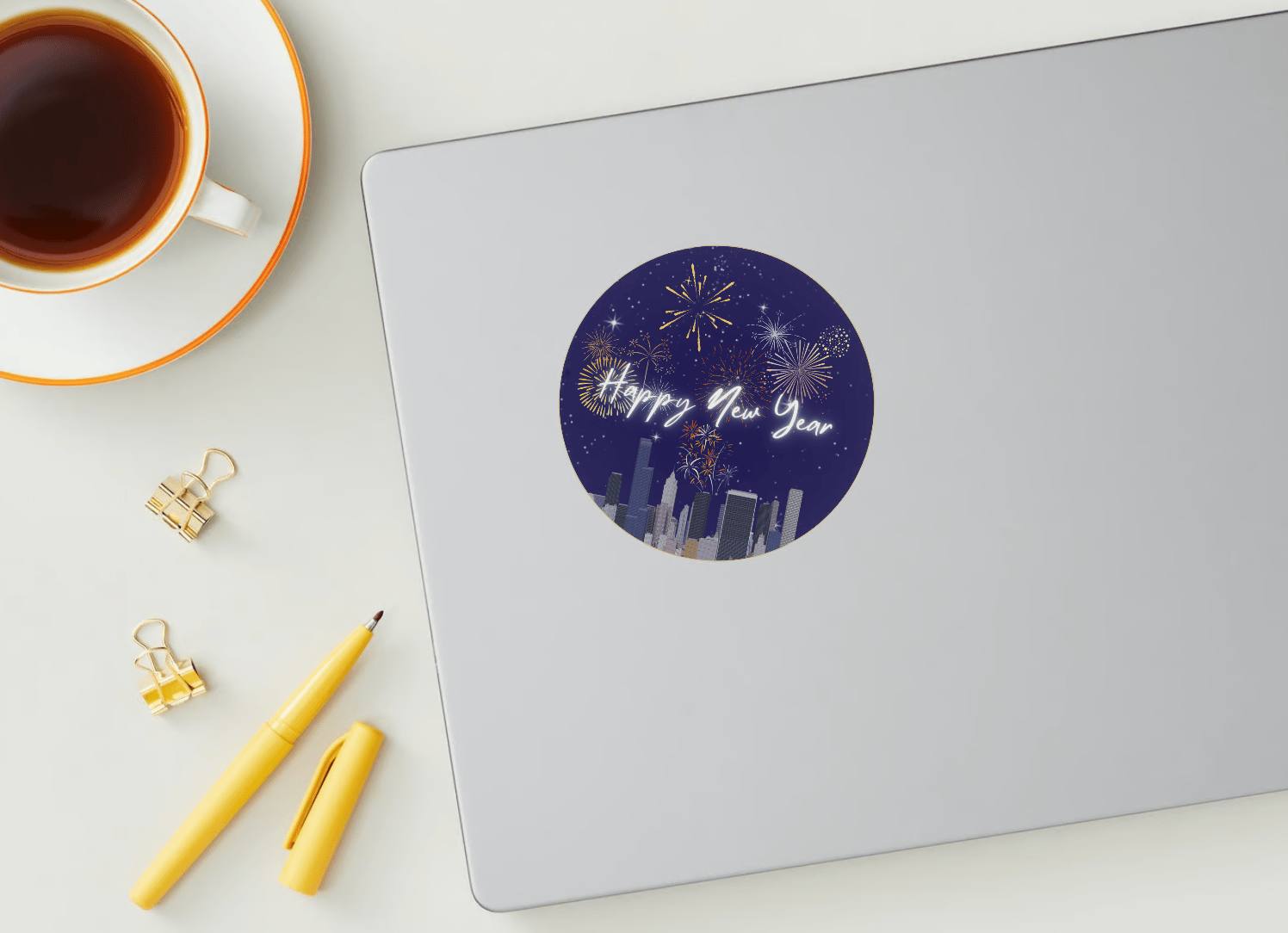 Customizable City Skyline Fireworks Circle Sticker | Digital Canva Template. Mock sticker on laptop