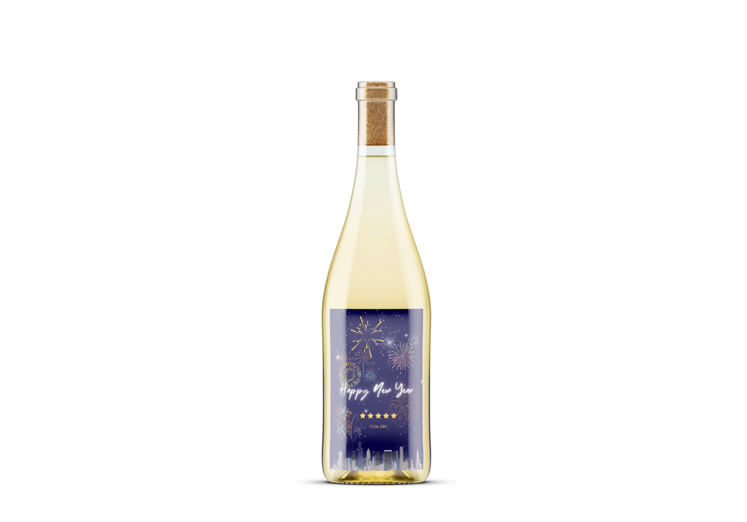 Customizable City Skyline Fireworks Sticker Label 4"x6" | Digital Canva Template. Mock sticker on white wine bottle