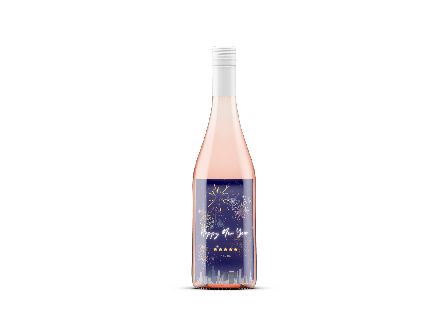 Customizable City Skyline Fireworks Sticker Label 4"x6" | Digital Canva Template. Mock sticker on rose wine bottle