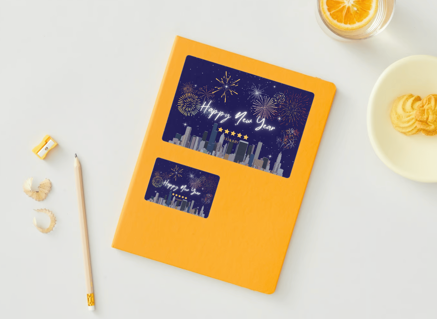 Customizable City Skyline Fireworks Sticker Label 6"x4" | Digital Canva Template. Mock stickers in various sizes on envelope