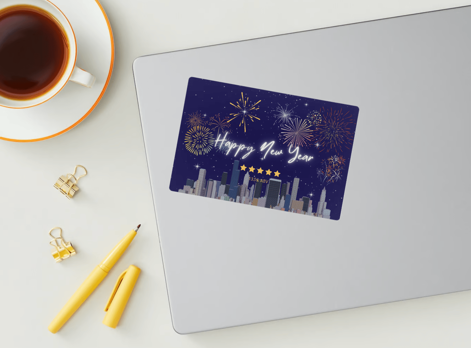 Customizable City Skyline Fireworks Sticker Label 6"x4" | Digital Canva Template. Mock sticker on laptop