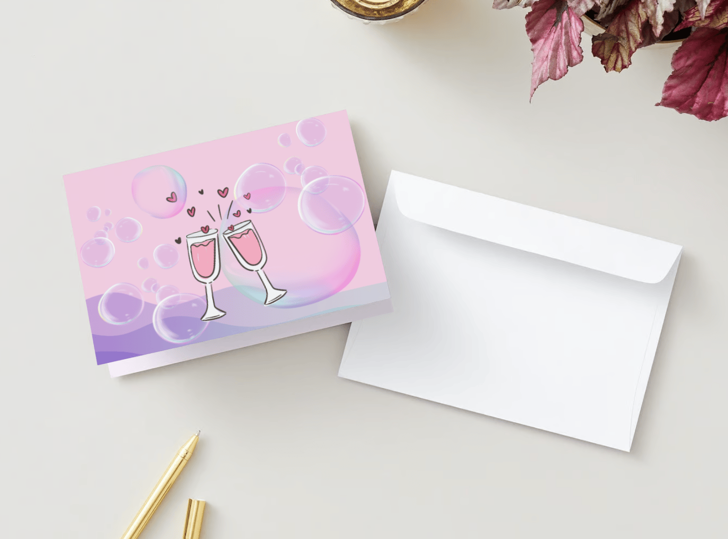 Customizable Cheers to Love Folded Card Landscape | Digital Canva Template. Mock card outside front view with envelope
