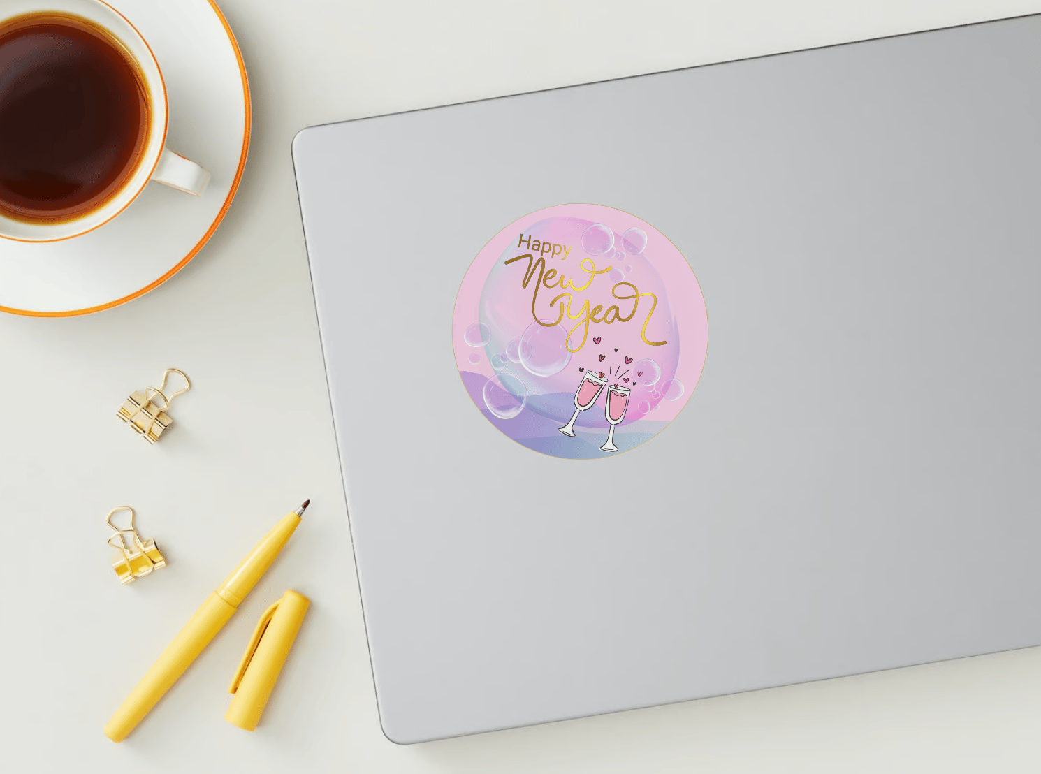 Customizable Cheers to Love Circle Sticker | Digital Canva Template. Mock sticker on laptop