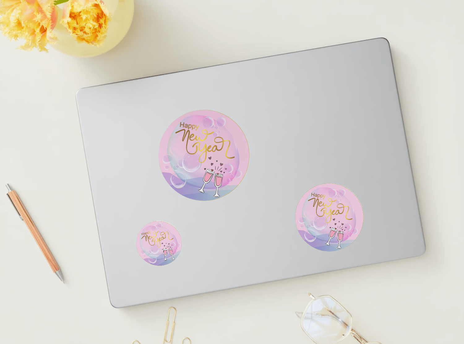 Customizable Cheers to Love Circle Sticker | Digital Canva Template. Mock stickers in various sizes