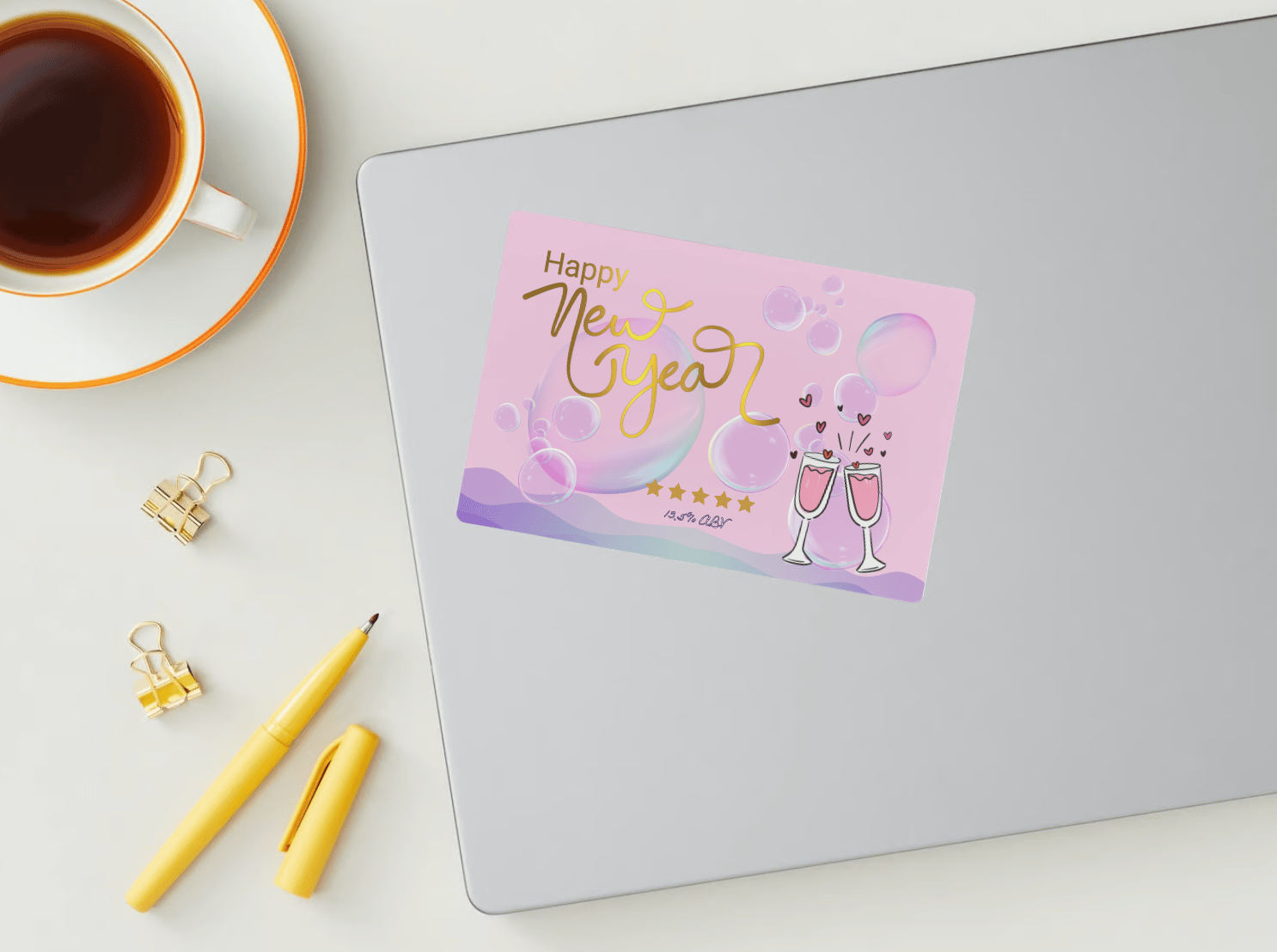 Customizable Cheers to Love Sticker Label 6"x4" | Digital Canva Template. Mock sticker on laptop