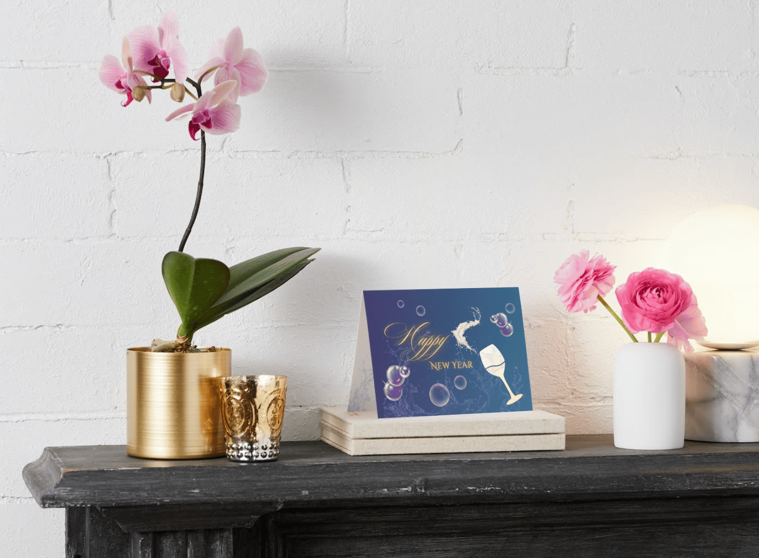 Customizable Elegant New Year Toast Folded Card Landscape | Digital Canva Template. Mock card outside front view as display
