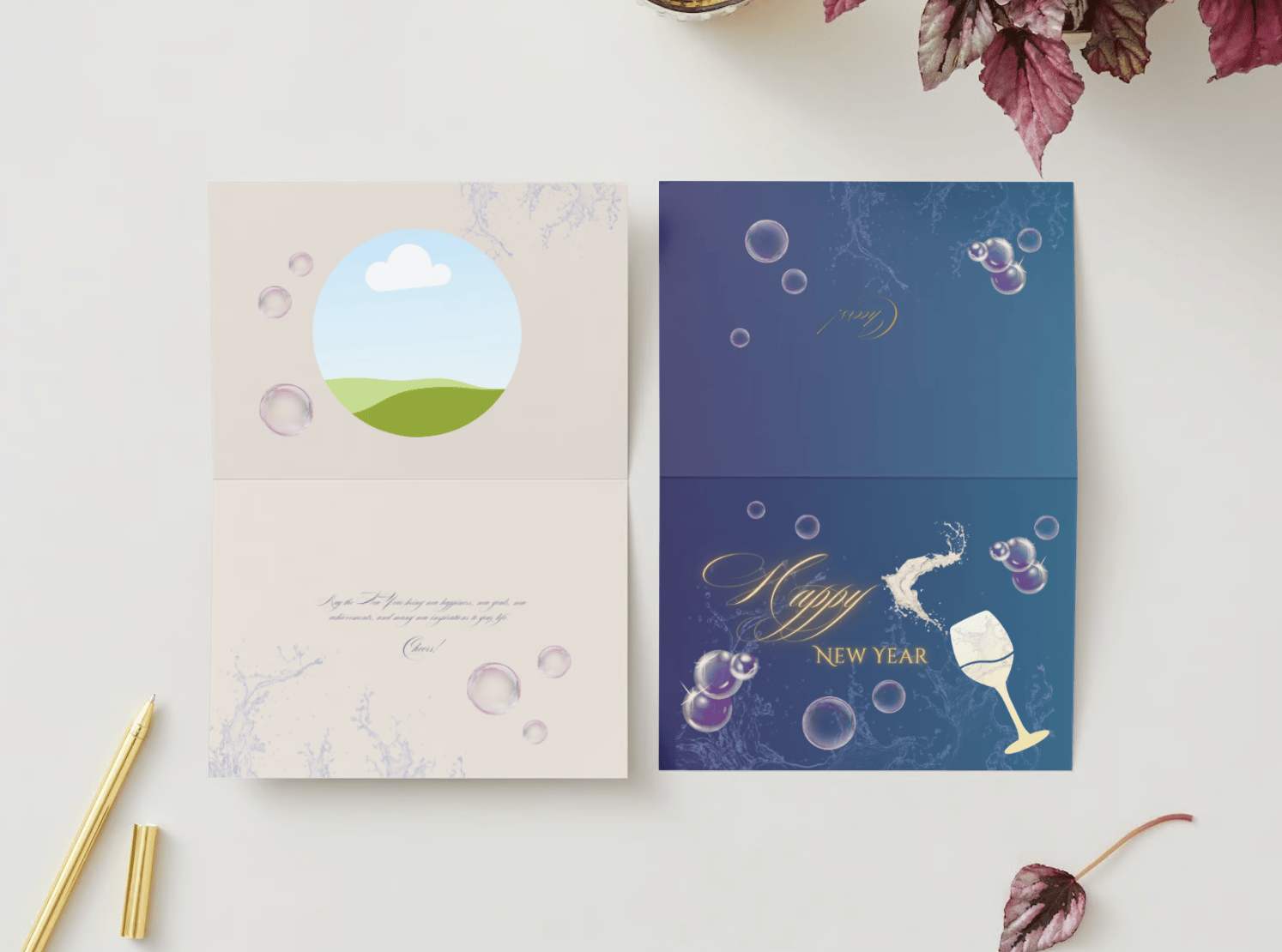 Customizable Elegant New Year Toast Folded Card Landscape | Digital Canva Template. Mock card outside and inside views
