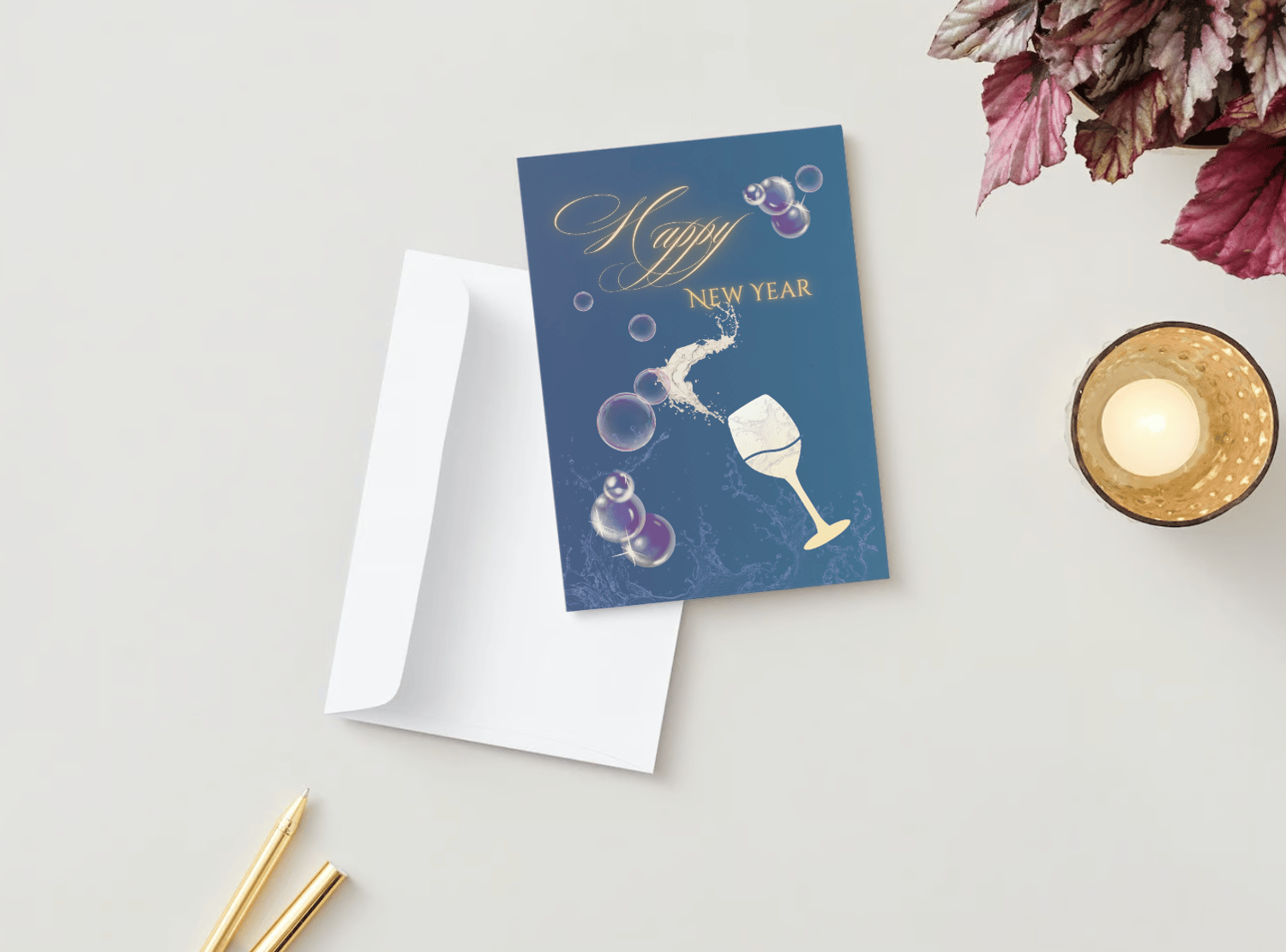Customizable Elegant New Year Toast Folded Card Portrait | Digital Canva Template. Mock card outside front view with envelope