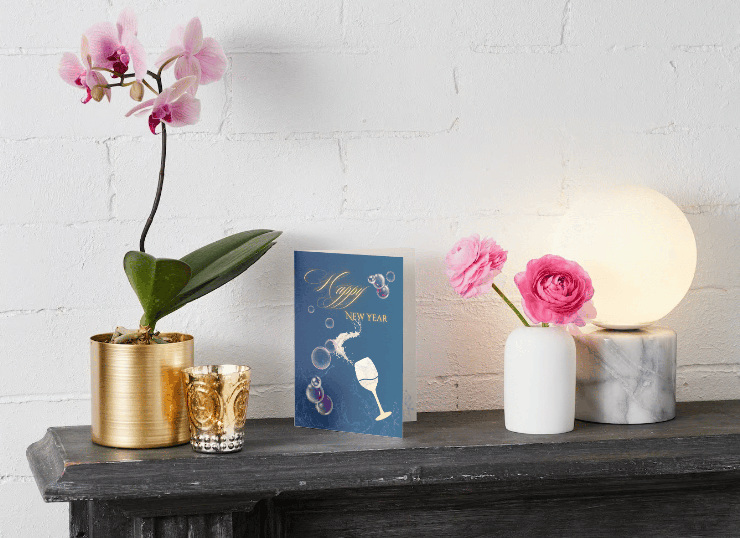 Customizable Elegant New Year Toast Folded Card Portrait | Digital Canva Template. Mock card outside front view as display