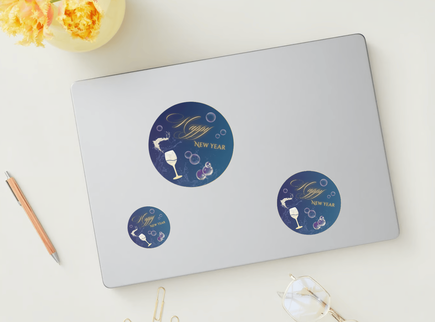 Customizable Elegant New Year Toast Circle Sticker | Digital Canva Template. Mock stickers in various sizes