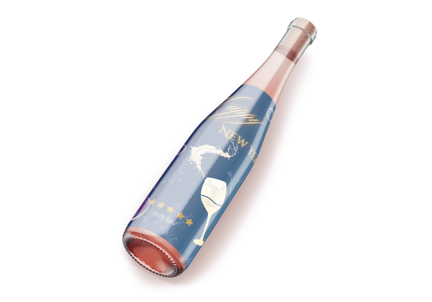 Customizable Elegant New Year Toast Sticker Label 4"x6" | Digital Canva Template. Mock sticker on rose wine bottle