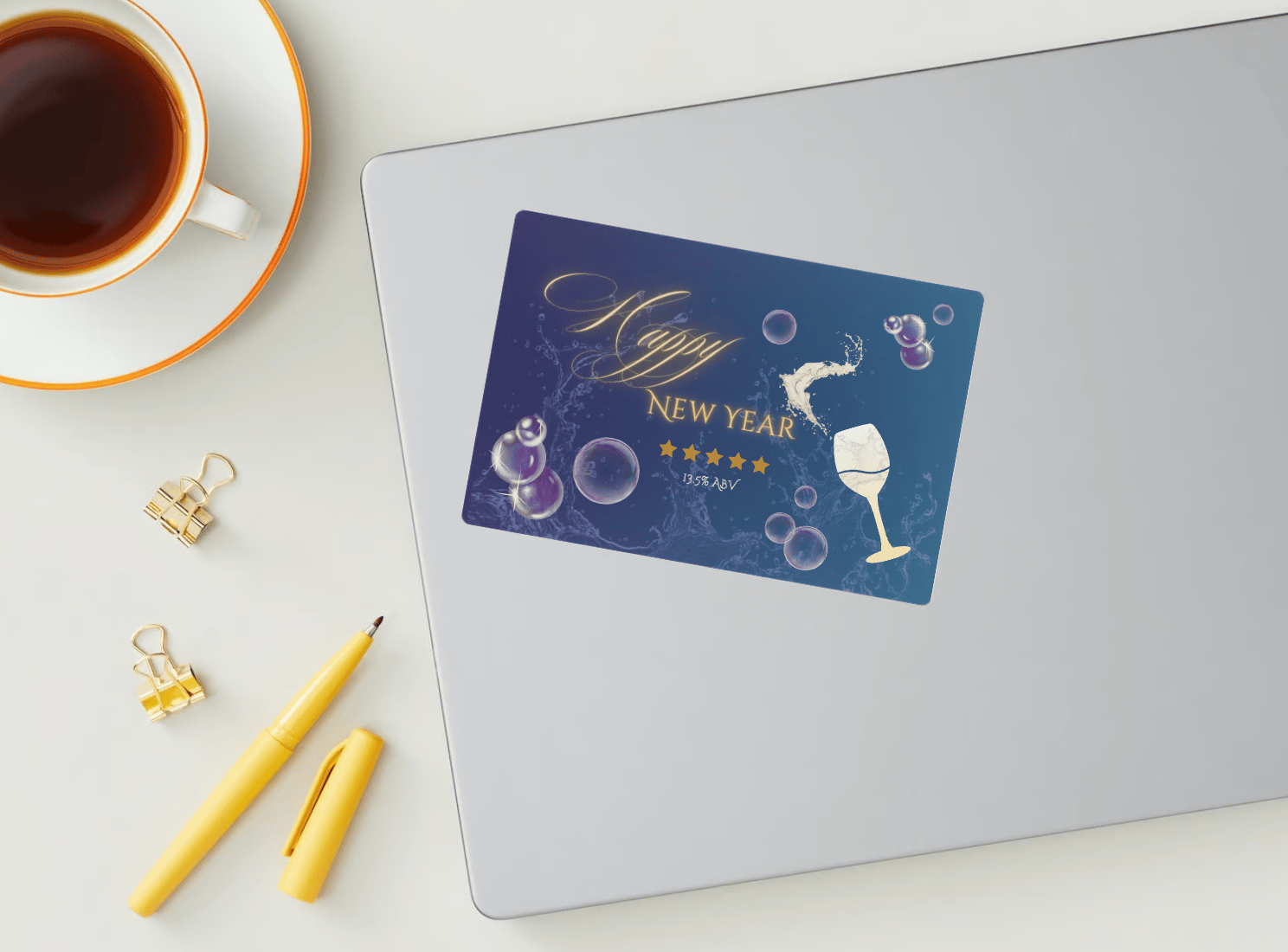 Customizable Cheers to Love Sticker Label 6"x4" | Digital Canva Template. Mock sticker on laptop