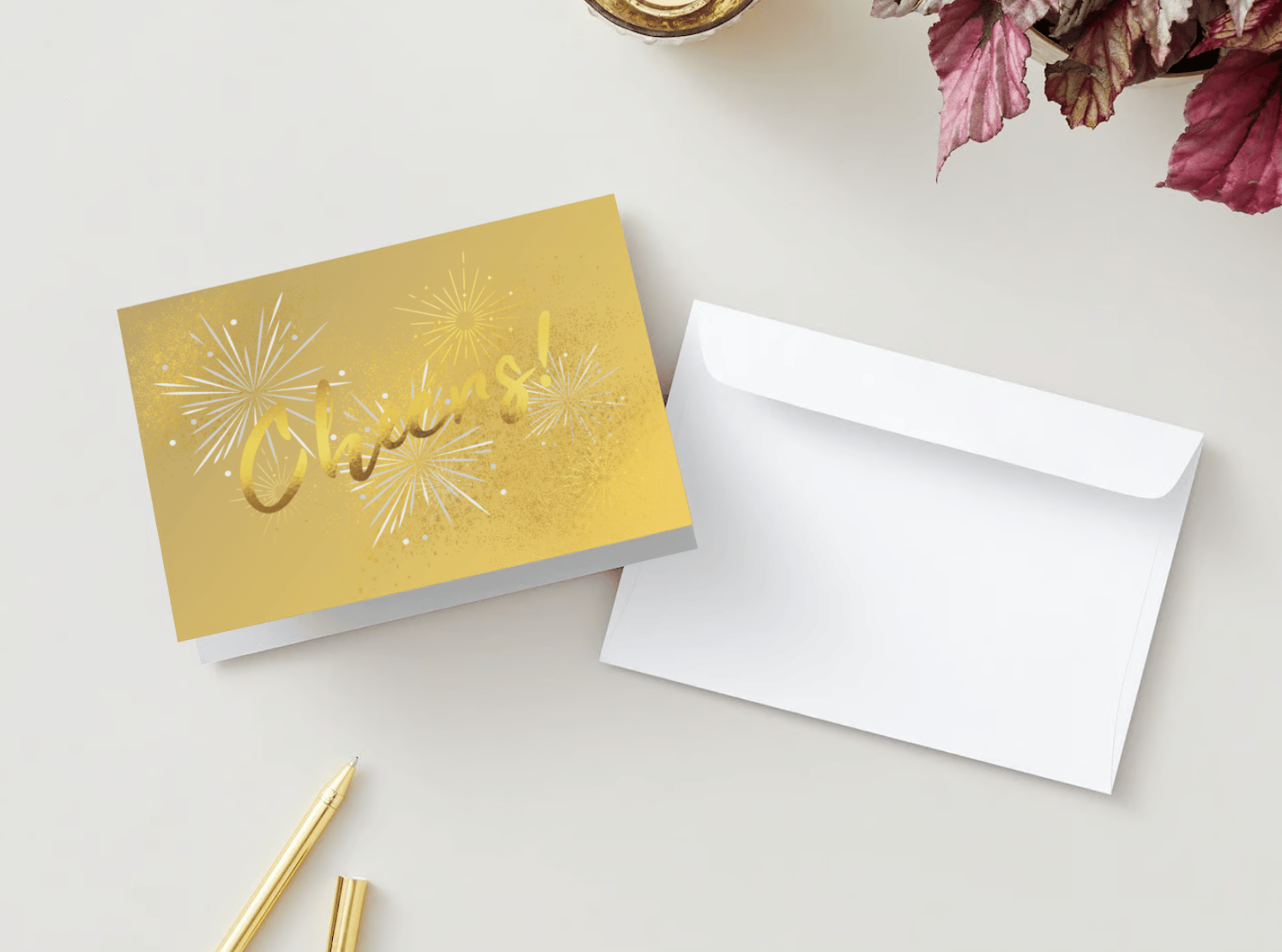 Customizable Bold Cheers Celebration Folded Card Landscape | Digital Canva Template. Mock card outside front view with envelope