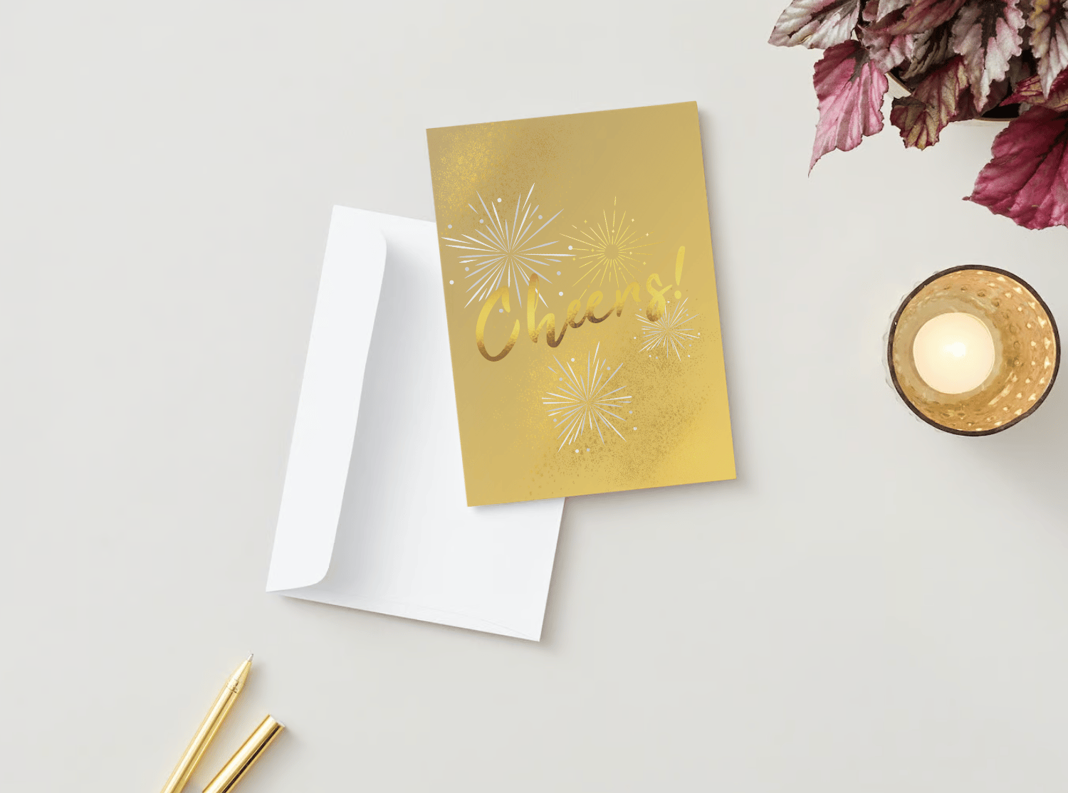 Customizable Bold Cheers Celebration Folded Card Portrait | Digital Canva Template. Mock card outside front view with envelope