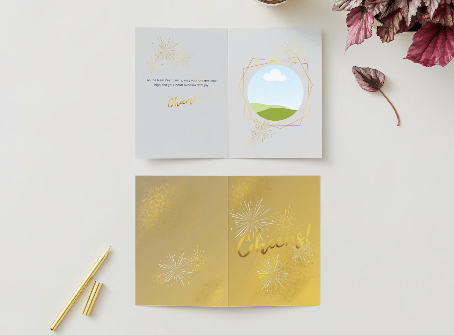 Customizable Bold Cheers Celebration Folded Card Portrait | Digital Canva Template. Mock card outside and inside views