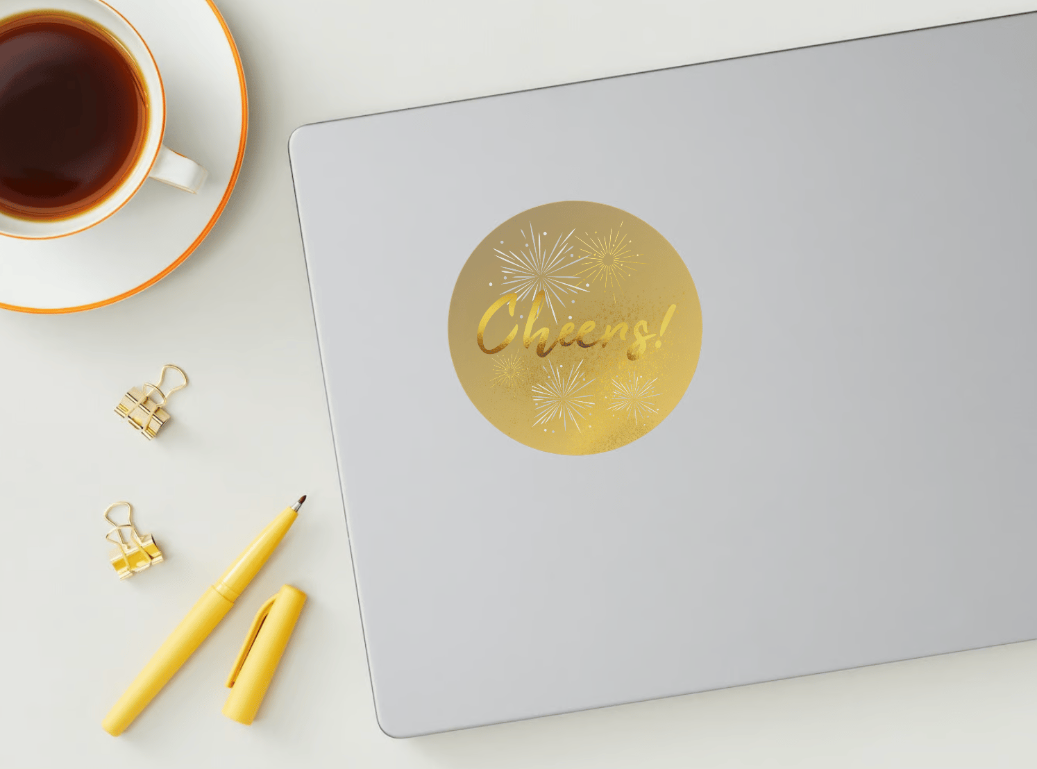 Customizable Bold Cheers Celebration Circle Sticker | Digital Canva Template. Mock sticker on laptop