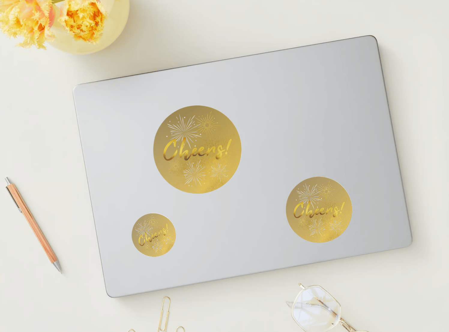 Customizable Bold Cheers Celebration Circle Sticker | Digital Canva Template. Mock stickers in various sizes