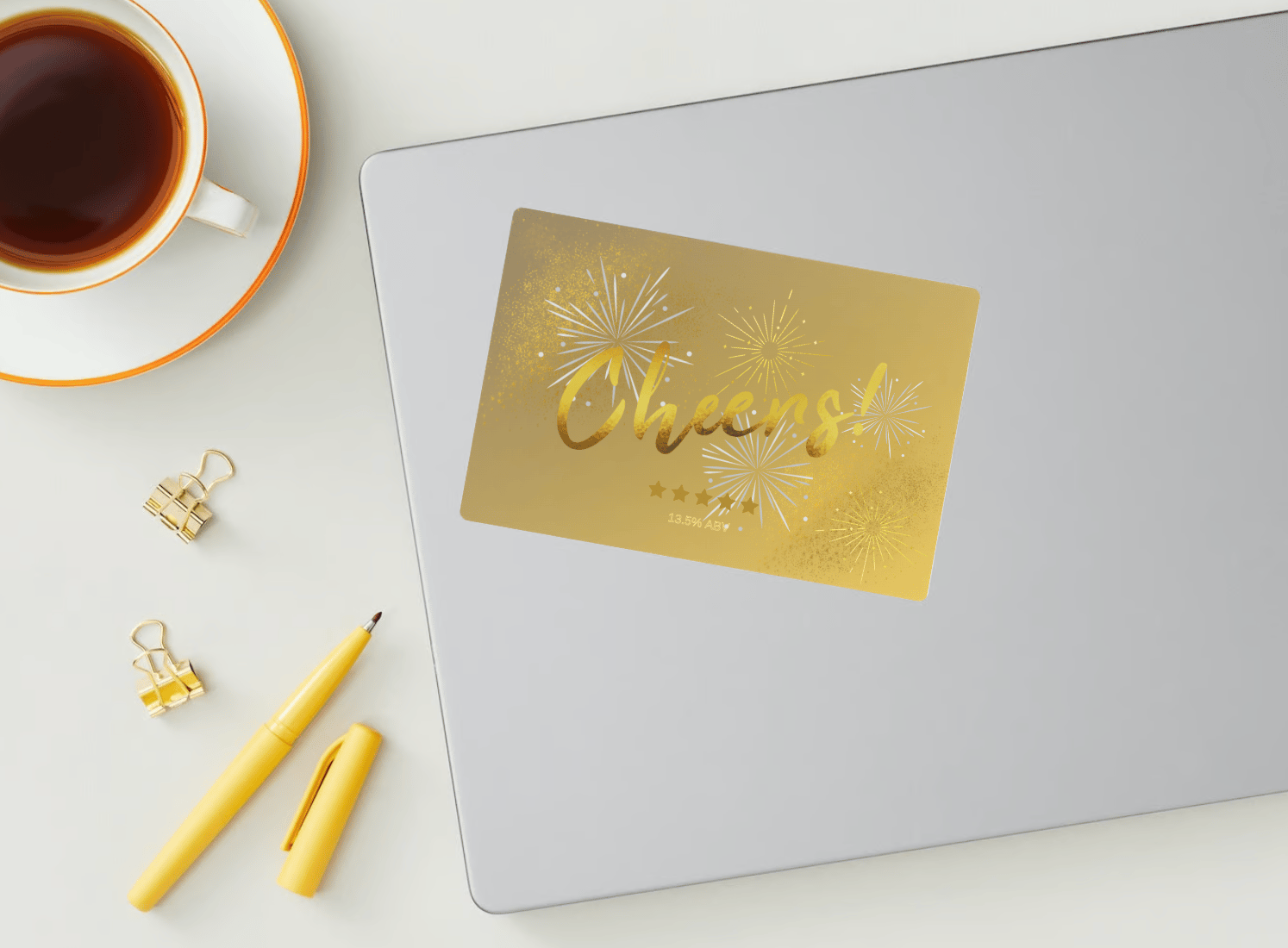 Customizable Bold Cheers Celebration Sticker Label 6"x4" | Digital Canva Template. Mock sticker on laptop