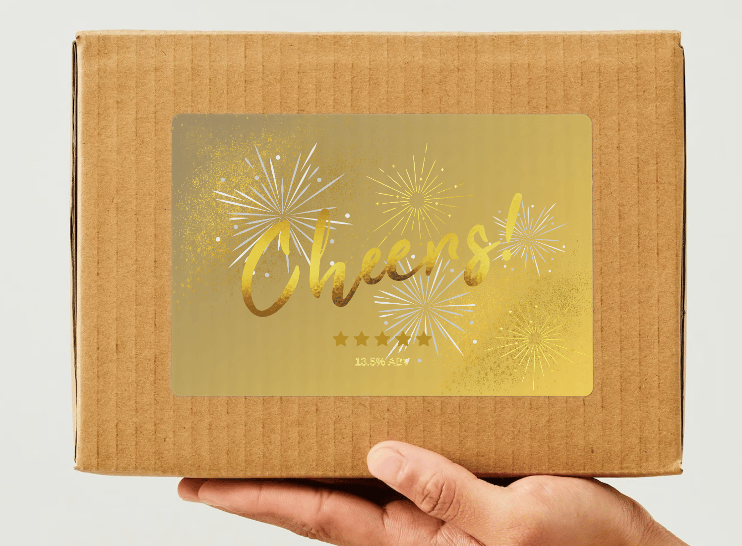 Customizable Bold Cheers Celebration Sticker Label 6"x4" | Digital Canva Template. Mock sticker on box