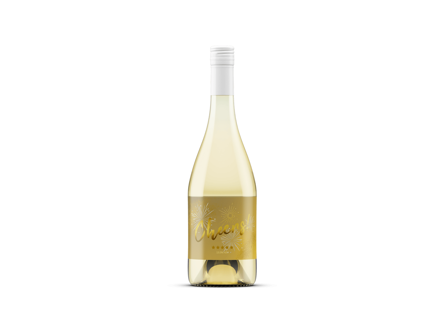 Customizable Bold Cheers Celebration Sticker Label 6"x4" | Digital Canva Template. Mock sticker on white wine bottle