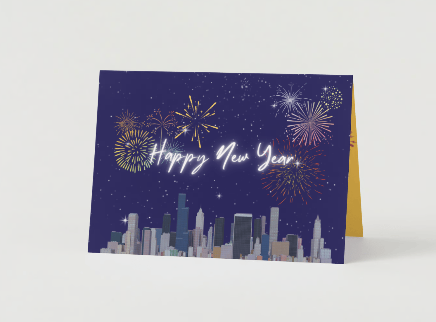 City Skyline Fireworks Canva Template Bundle | 6 Customizable Designs | Holiday Season Digital Download. Mock card landscape outside front view