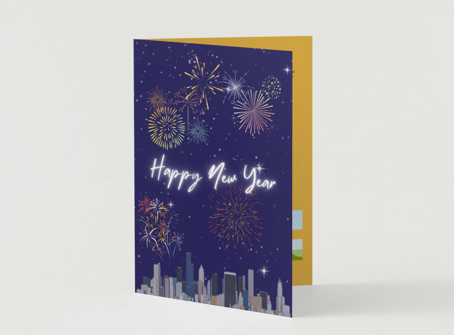 City Skyline Fireworks Canva Template Bundle | 6 Customizable Designs | Holiday Season Digital Download. Mock card portrait outside front view