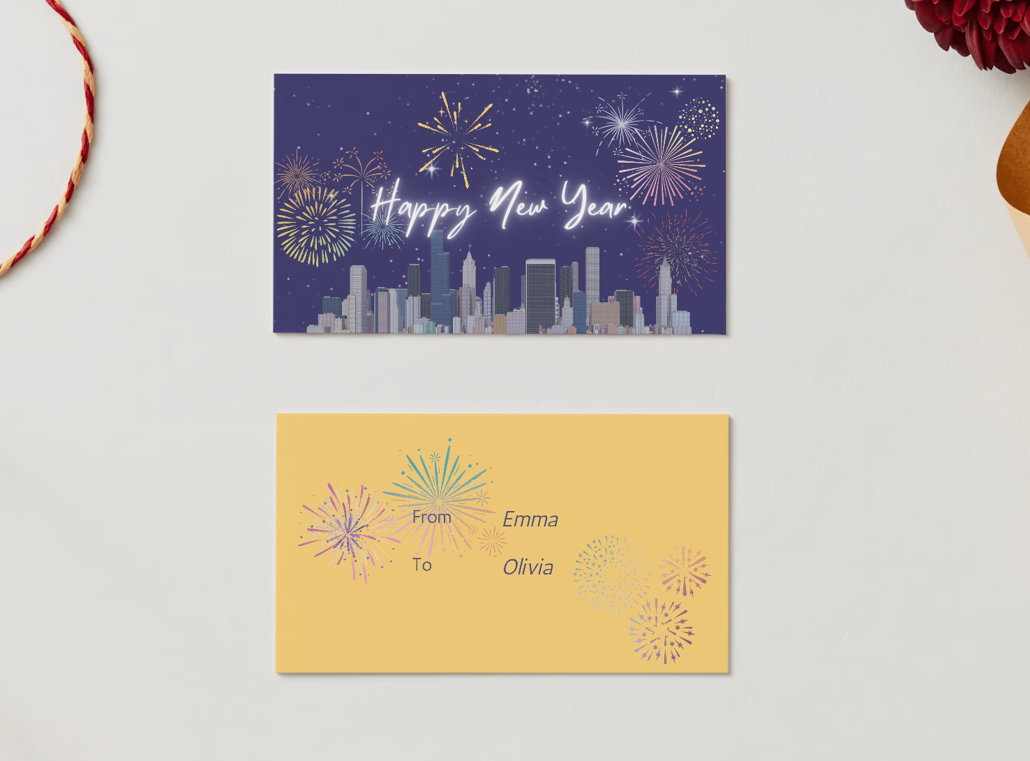 City Skyline Fireworks Canva Template Bundle | 6 Customizable Designs | Holiday Season Digital Download. Mock gift tag front and back views
