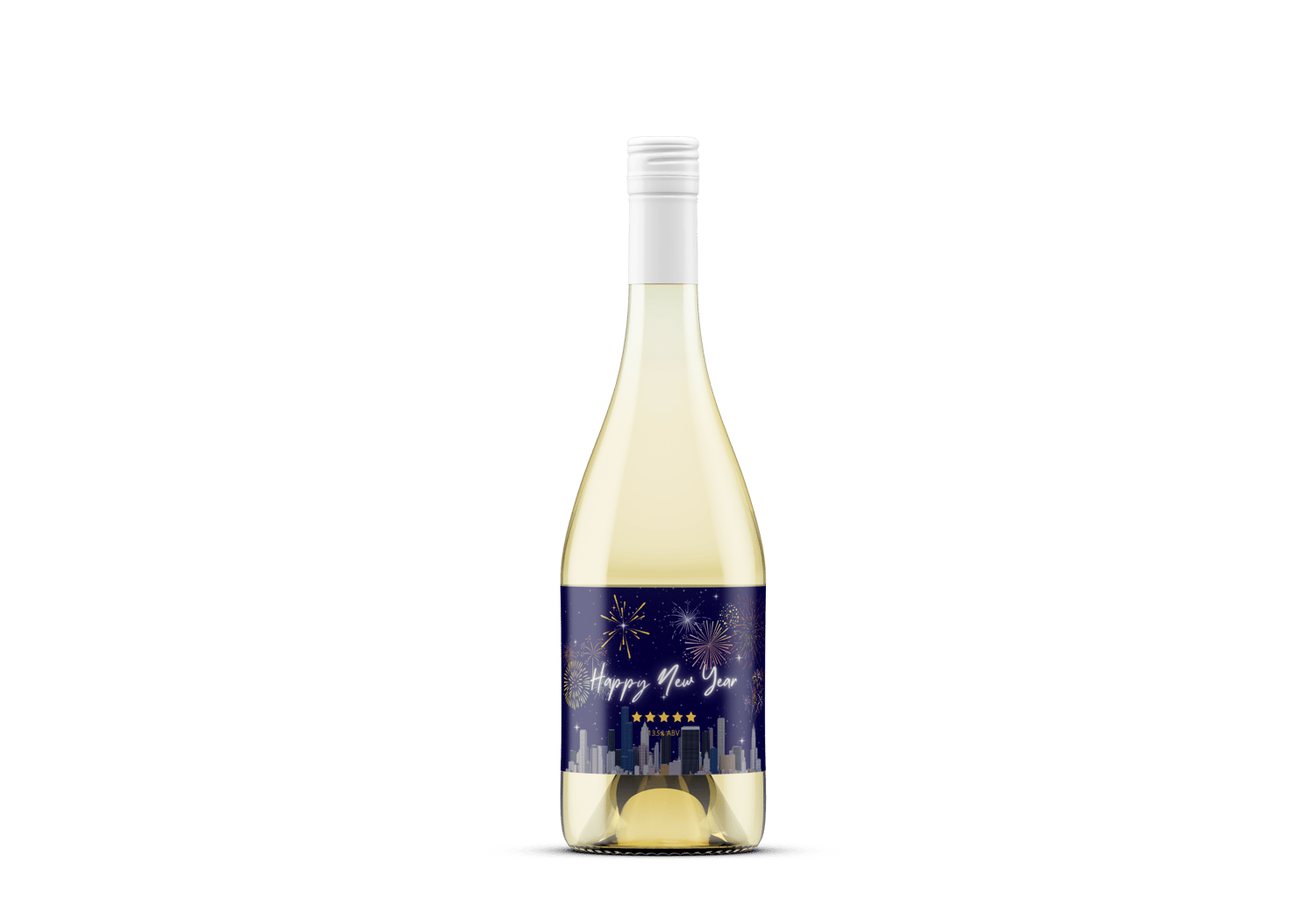 City Skyline Fireworks Canva Template Bundle | 6 Customizable Designs | Holiday Season Digital Download. Mock sticker label landscape on white wine bottle