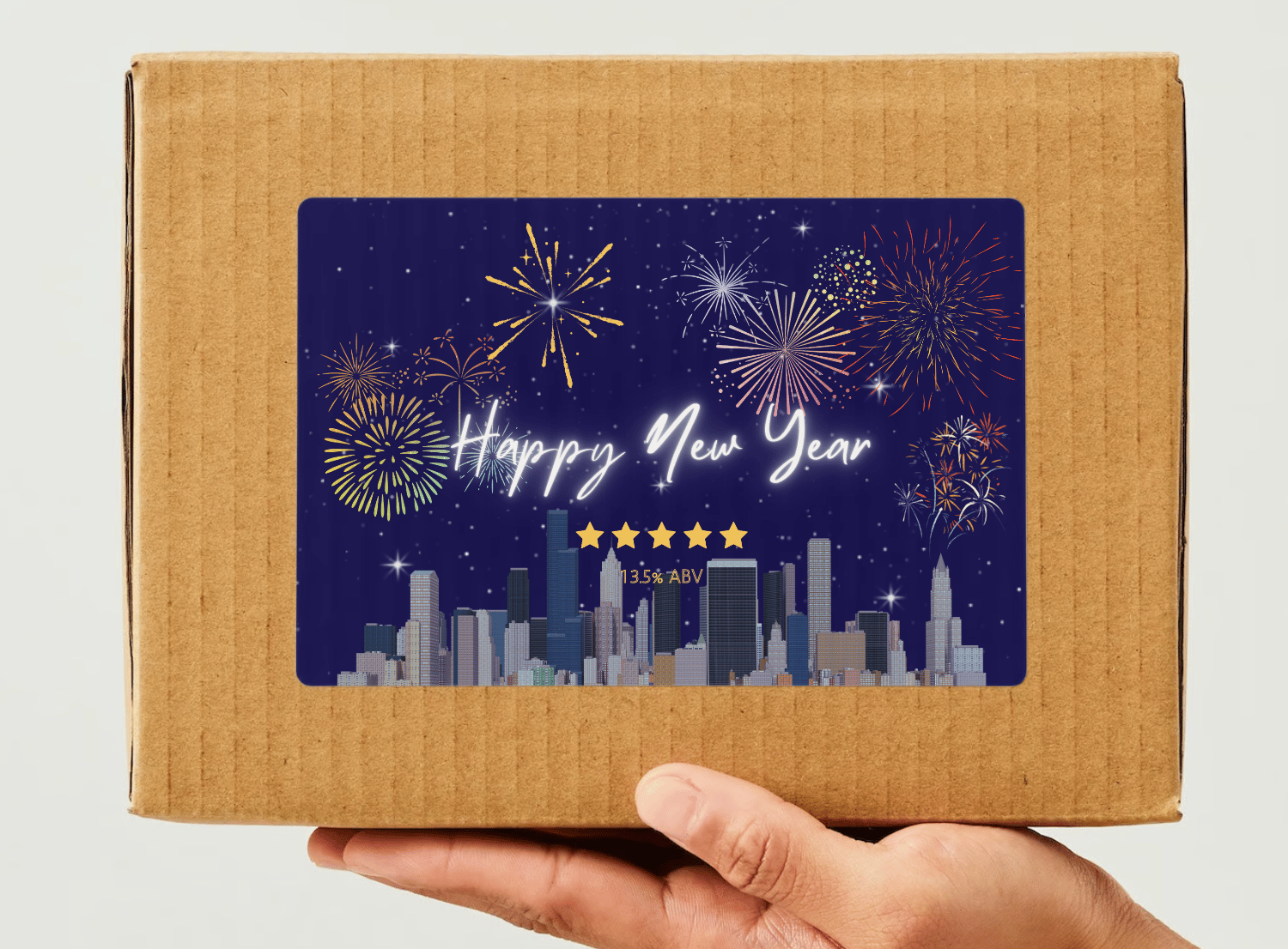 City Skyline Fireworks Canva Template Bundle | 6 Customizable Designs | Holiday Season Digital Download. Mock sticker label landscape on box